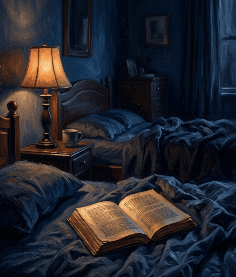 An open book glowing under amber lamplight in a dark navy bedroom