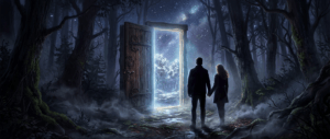 Silhouette of a couple standing before a glowing midnight door in a dark forest — horror romance story cover image
