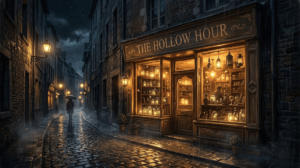 A mysterious antique shop called The Hollow Hour, glowing with candlelight on a rainy night — dark romance short story cover image