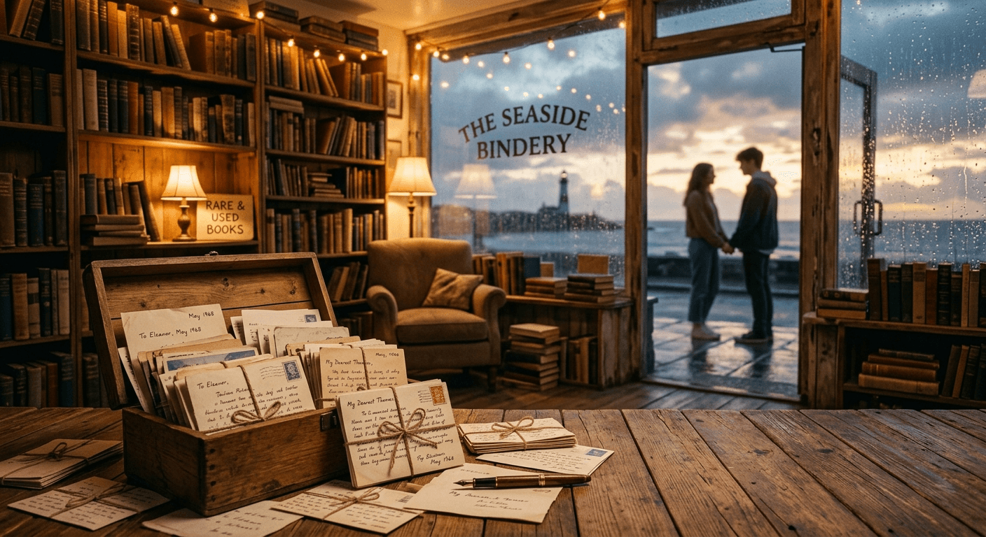 Old bookstore by the sea with open box of handwritten love letters and rain falling outside window