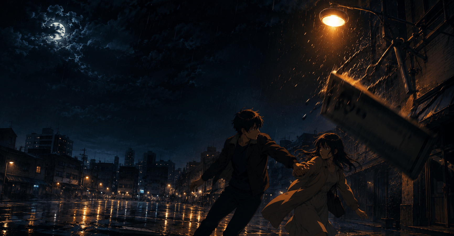 Man saving woman from falling sign in the rain on a stormy night, romantic short story