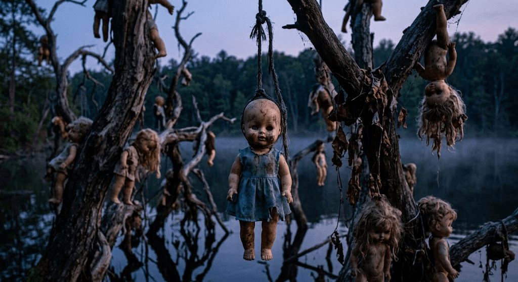 Old dolls hanging from trees on Mexico's Island of the Dolls in Xochimilco during daylight.
