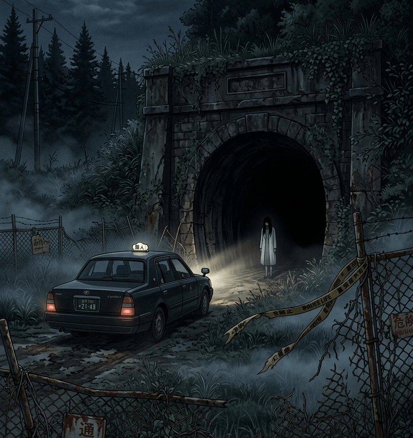 Empty taxi back seat at night near Inunaki Tunnel, Japanese horror story illustration