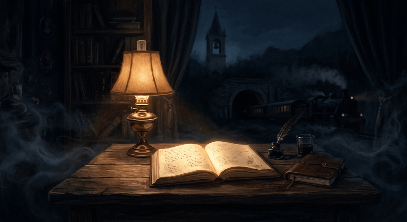 An open book glowing under amber lamplight in a dark navy room, with faint shadowy shapes of a bell tower, tunnel, and train blending into the darkness