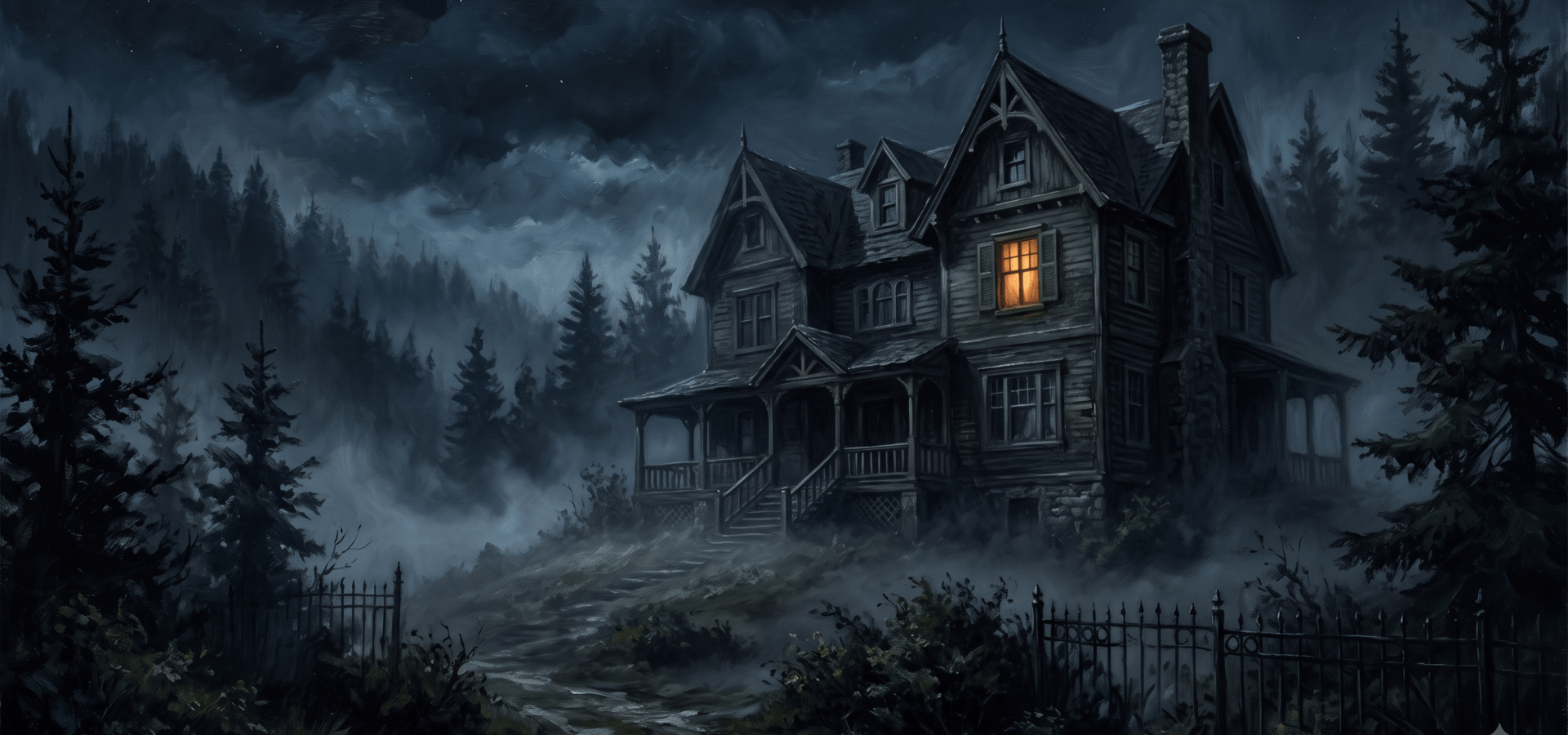 Painterly illustration of a haunted colonial lodge glowing with amber light at night