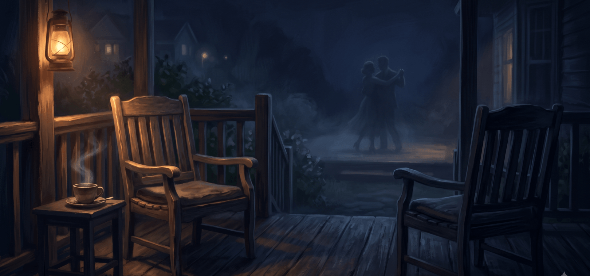 Two empty vintage chairs on a dimly lit porch at night, one glowing with warm amber lamplight, illustrating short romantic stories to read tonight