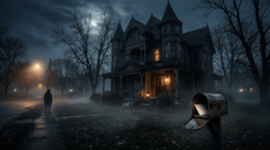 Dark Victorian house at night with a mysterious letter in the mailbox — The Watcher horror story
