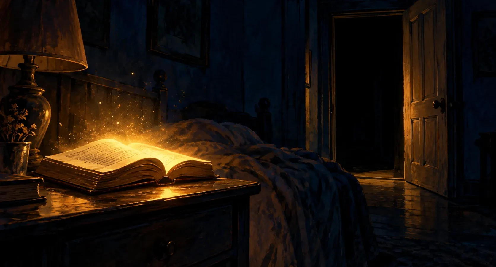 Open book glowing faintly amber in a dark room, horror stories for reading
