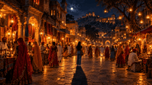 A lamp-lit ghost market at night where only one woman casts a shadow on the stone road