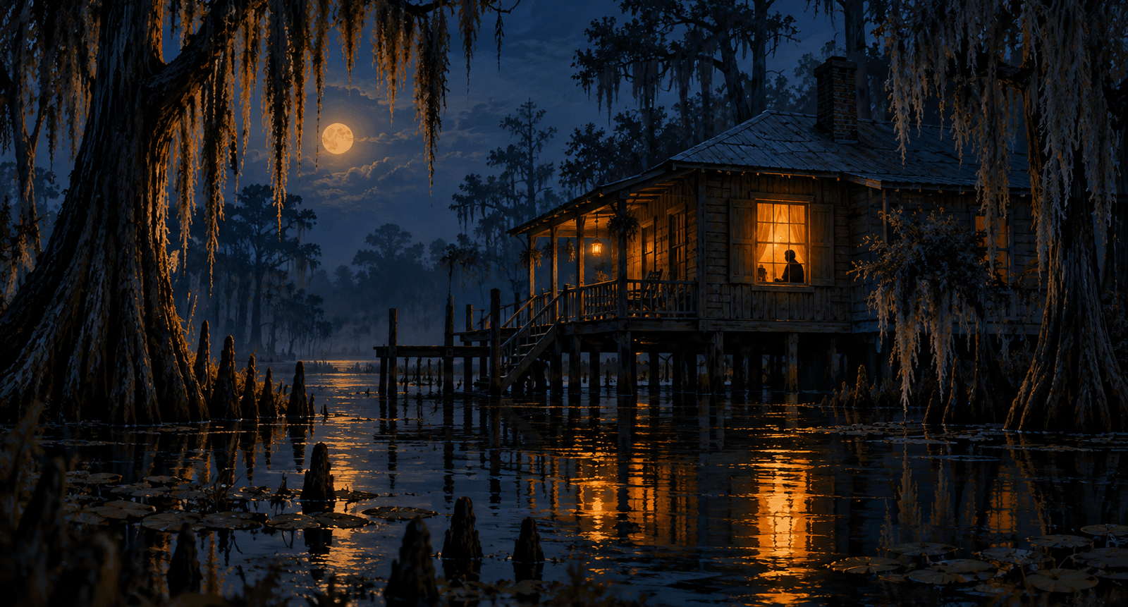 Bayou house at night with amber window light