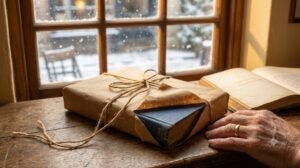 Brown paper wrapped book parcel on a counter with snow falling outside