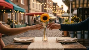 Candlelit restaurant table for two with a single sunflower centerpiece