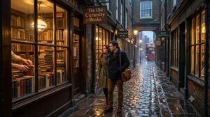 Couple walking past secondhand bookshops on a rainy London evening