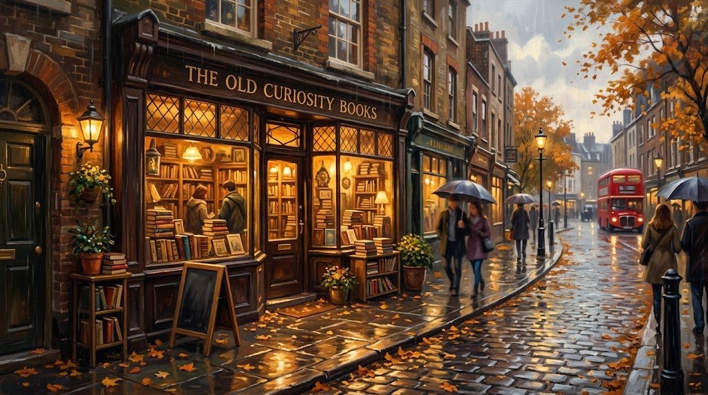 Cozy secondhand bookshop on Charing Cross Road, London, in golden autumn light