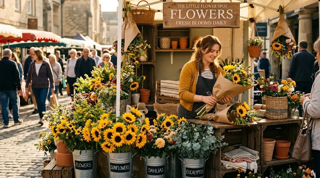Florist wrapping sunflowers at a market stall in a cute love story