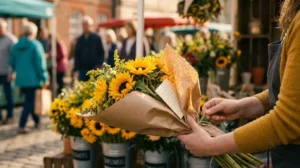 Hand tucking a small note into a bunch of wrapped sunflowers