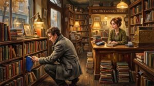Man browsing the fiction shelf in a secondhand London bookshop