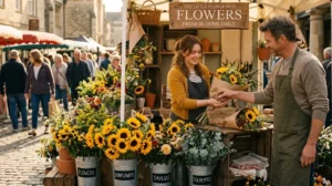 Man buying a bunch of sunflowers at a busy market flower stall