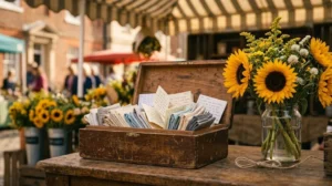 Open cigar box full of handwritten notes beside a bunch of sunflowers