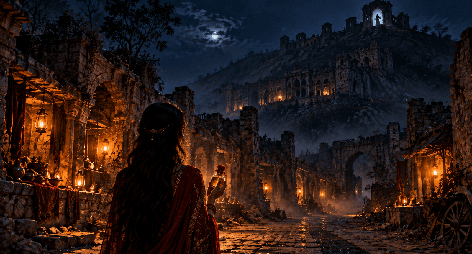 Ruins of Bhangarh Fort at night with glowing lamps and a woman holding an old perfume bottle