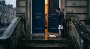 Woman at a blue door in Edinburgh holding a wet letter as it opens to warm light