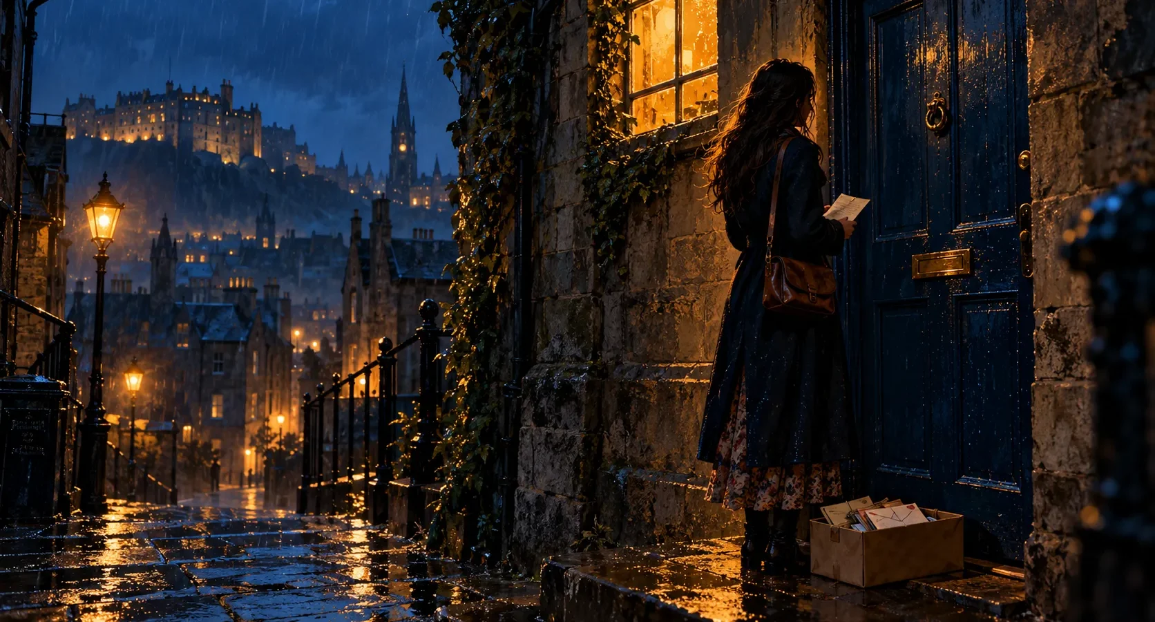 Woman in the rain at a blue door in Edinburgh holding a wet letter, from a sad short love story