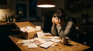 Woman reading forty-one unsent love letters at her kitchen table at night
