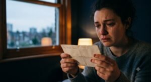 Woman reading the last unsent love letter at sunrise with tears on her face