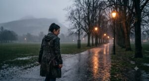 Woman walking through rainy Edinburgh toward Arthur's Seat to find her best friend