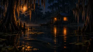 Dark bayou water at night hiding a creepy bedtime story creature