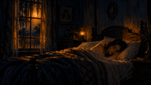 Woman asleep in bayou bedroom hearing a bedtime lullaby through the wall
