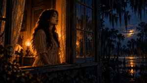 Woman singing at window, taken over by a scary bedtime story curse