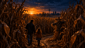 Father and daughter walking into a tall corn maze at dusk, a scarecrow standing at the first turn