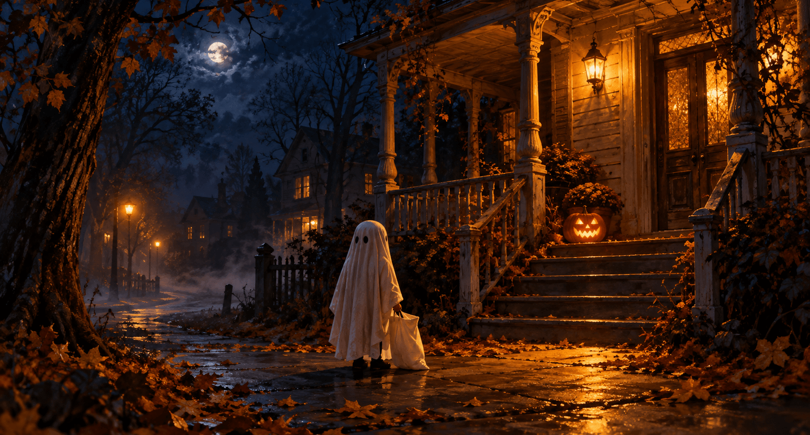 Child in a white sheet ghost costume at a lit porch on Halloween night, from Halloween horror stories