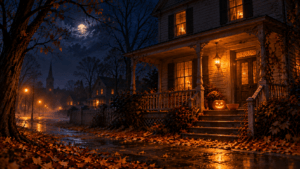 Old house on a quiet street at night with a glowing porch light and jack-o'-lantern on Halloween