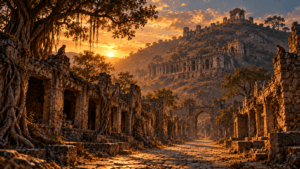 Bhangarh Fort horror story: the ruined old market street of Bhangarh Fort at sunset