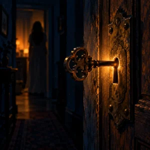 Old brass door lock with a key half-turned, dark hallway, horror story about a spare key