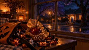Toffee apple wrapped in old wax paper and string on top of a bag of Halloween candy