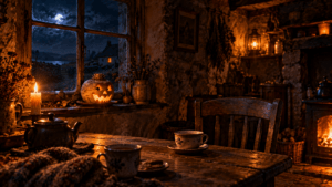 Carved turnip lantern glowing in an Irish cottage window on Samhain night, two cups of tea on the table