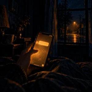 Phone glowing in a dark room with a new text message, horror story about a 2 a.m. text