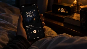 Phone playing a bedtime podcast called Night Pages at 2 AM