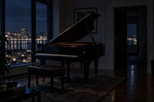 Polished piano in a dark apartment beside an empty doorway