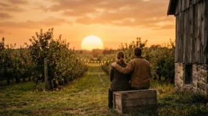 Couple sitting on a crate watching the sunset over an apple orchard