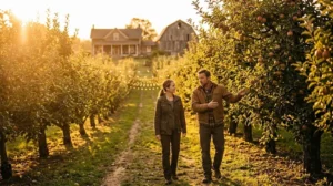 Couple walking through a sunlit apple orchard, one pointing toward a tree