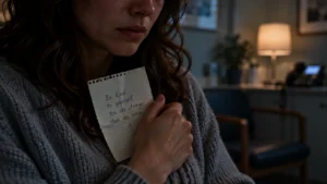 A woman holds her late husband's short handwritten note to her chest