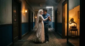 A man slow dances with a ghost bride in a dim hotel hallway