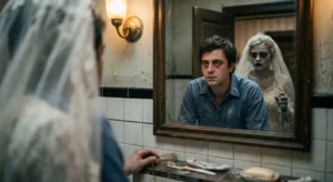 Mirror shows a ghost bride with black lips behind a tired man