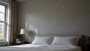 Bare bedroom wall with filled nail holes where photos once hung