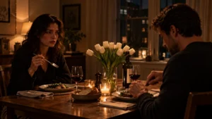 A tense dinner for two, white tulips on the table