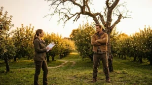 Man standing in front of an apple tree, blocking a wedding planner from decorating it